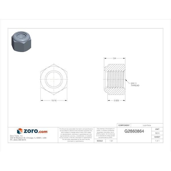 Nylon Insert Lock Nut, 3/8-16, Steel, Grade 2, Zinc Plated, 100 PK